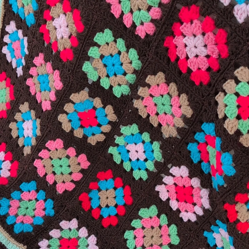 Colorful Crochet Granny Square Blanket Vintage Lap Throw Decoration